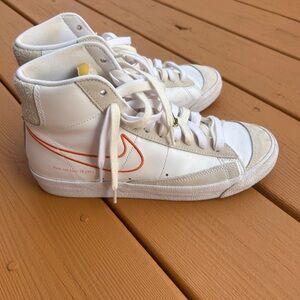 Nike Blazer First Use Mid-Top White Leather Sneakers with Orange Swoosh (1)